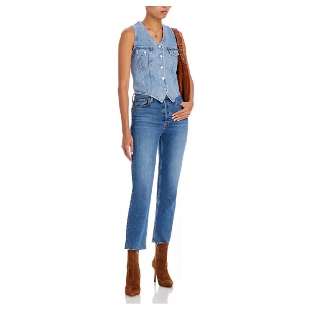 Re/Done Anthropologie Ultra High Rise 70s Stove Pipe Jeans 32 Straight Raw Hem